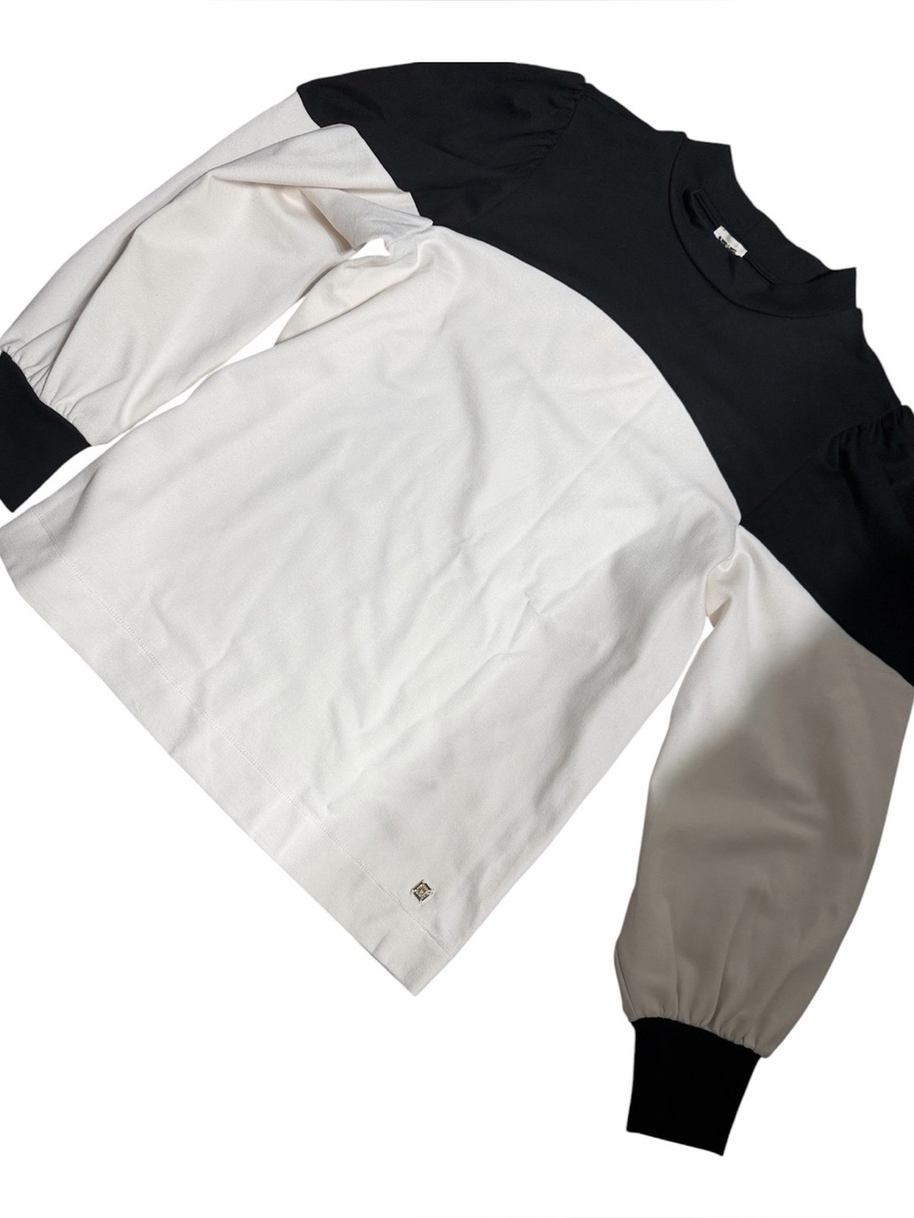 Anne Klein Black and White Colorblock Puff-Sleeve Top